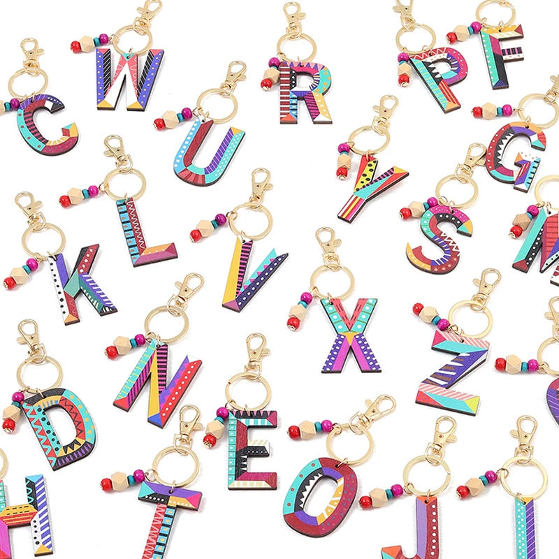 Colorful Wooden Letter Keychain with Beads