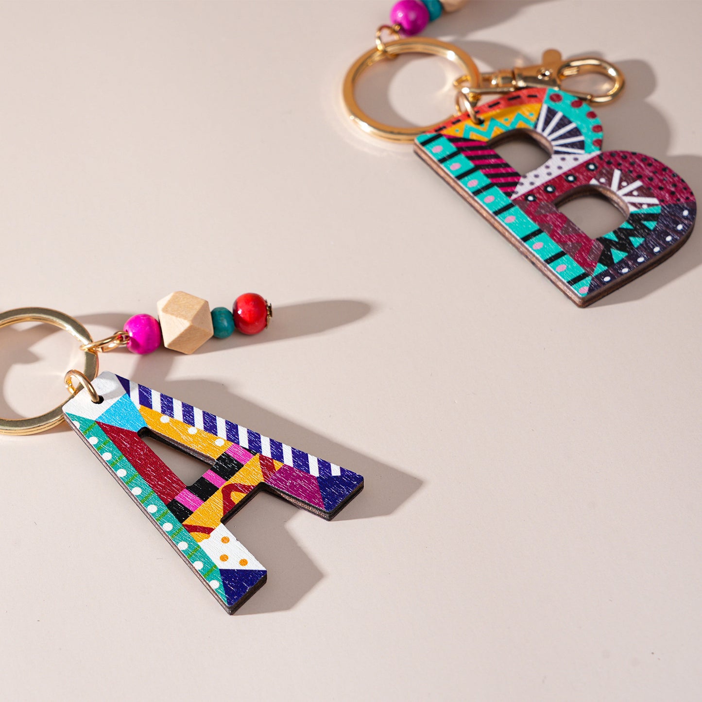 Colorful Wooden Letter Keychain with Beads