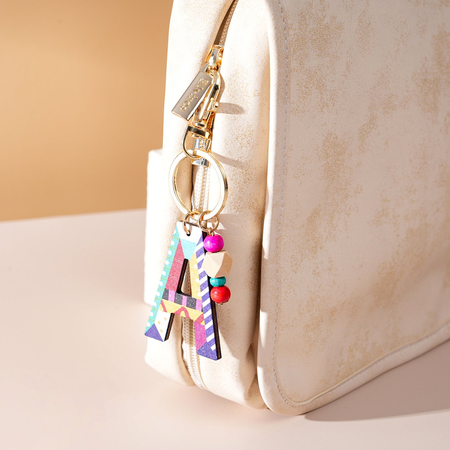 Colorful Wooden Letter Keychain with Beads