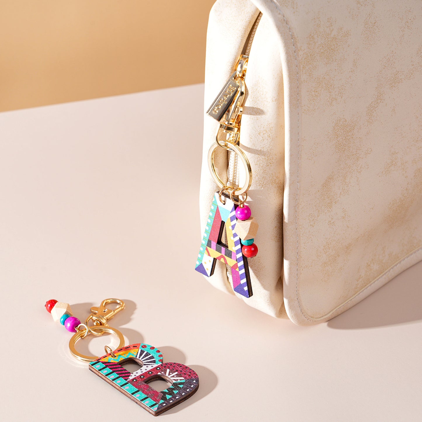 Colorful Wooden Letter Keychain with Beads