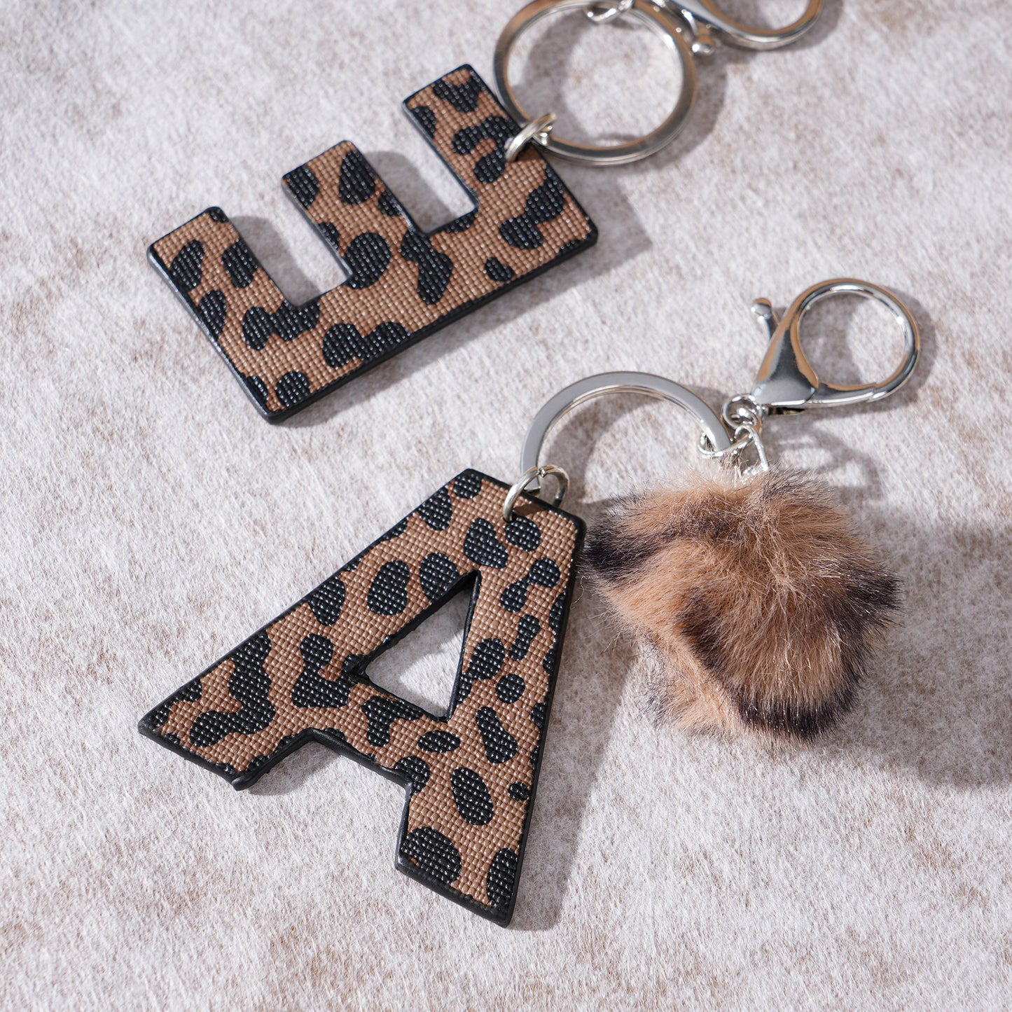 Leopard Print Vegan Leather Letter Keychain with Faux Fur Pom