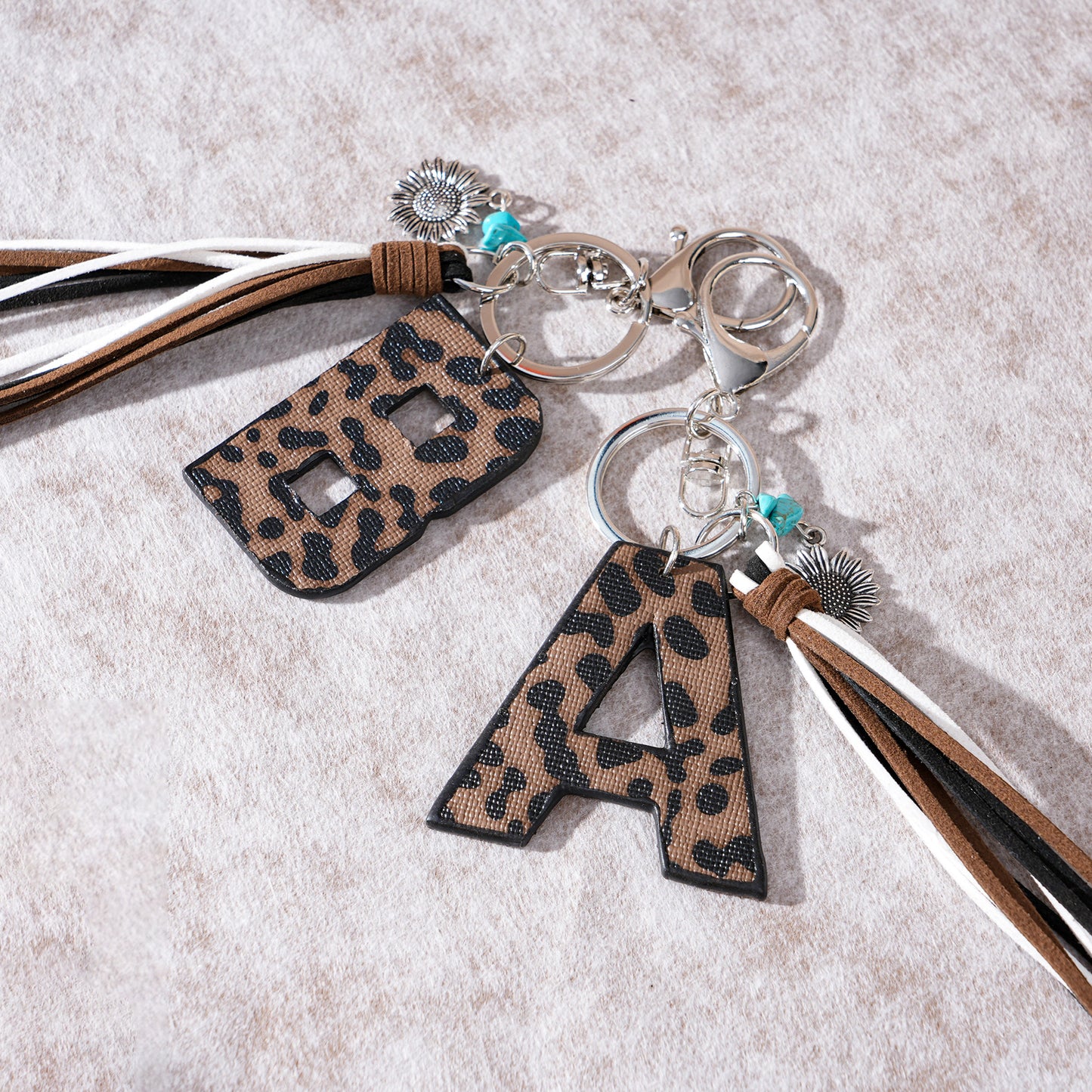 Leopard Vegan Letter Keychain with Faux Suede Tassel