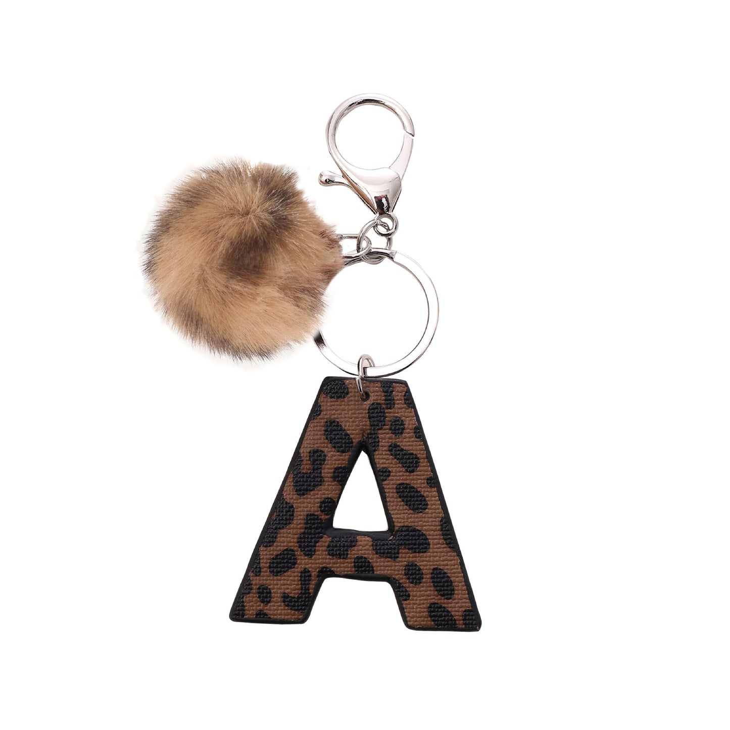 Leopard Print Vegan Leather Letter Keychain with Faux Fur Pom