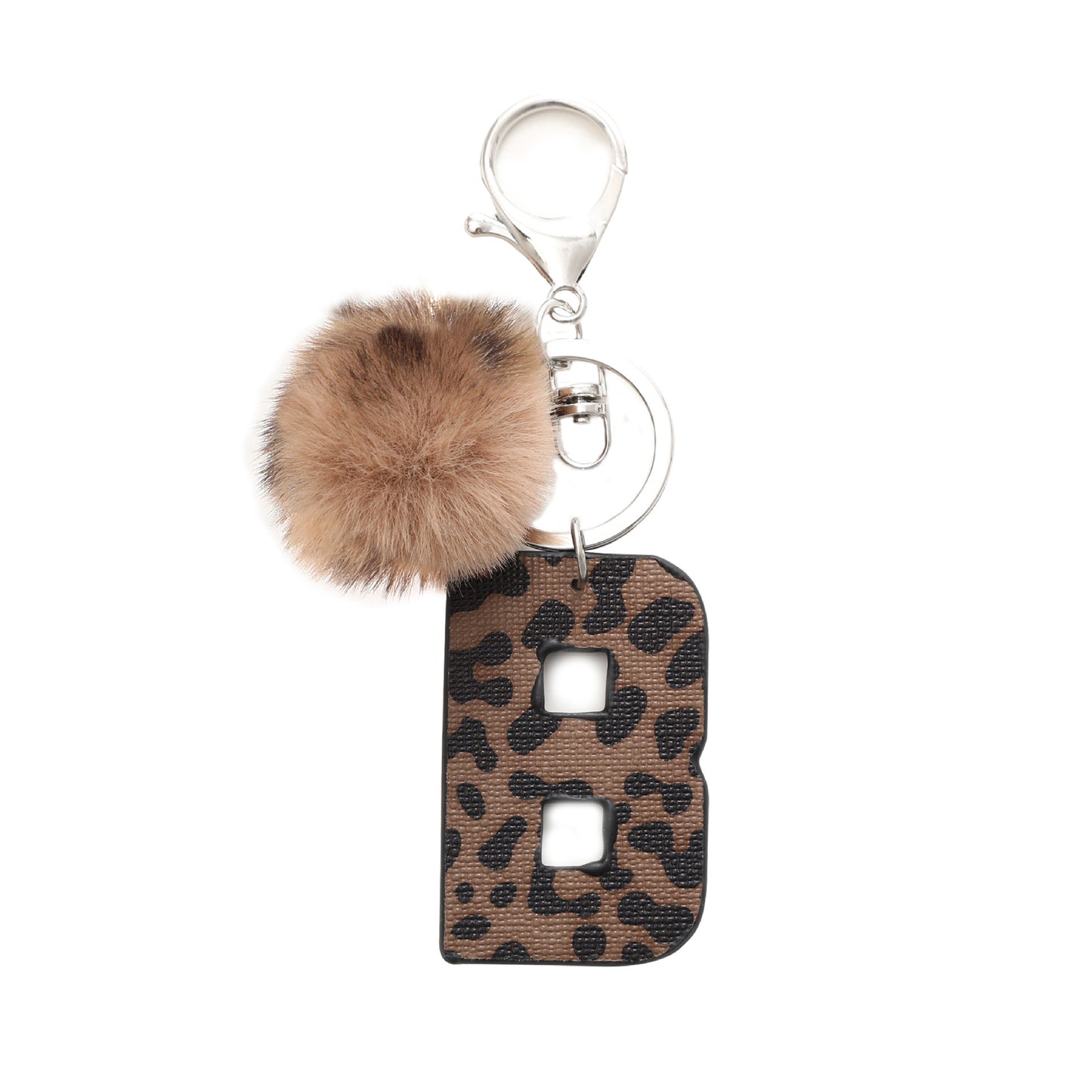 Leopard Print Vegan Leather Letter Keychain with Faux Fur Pom