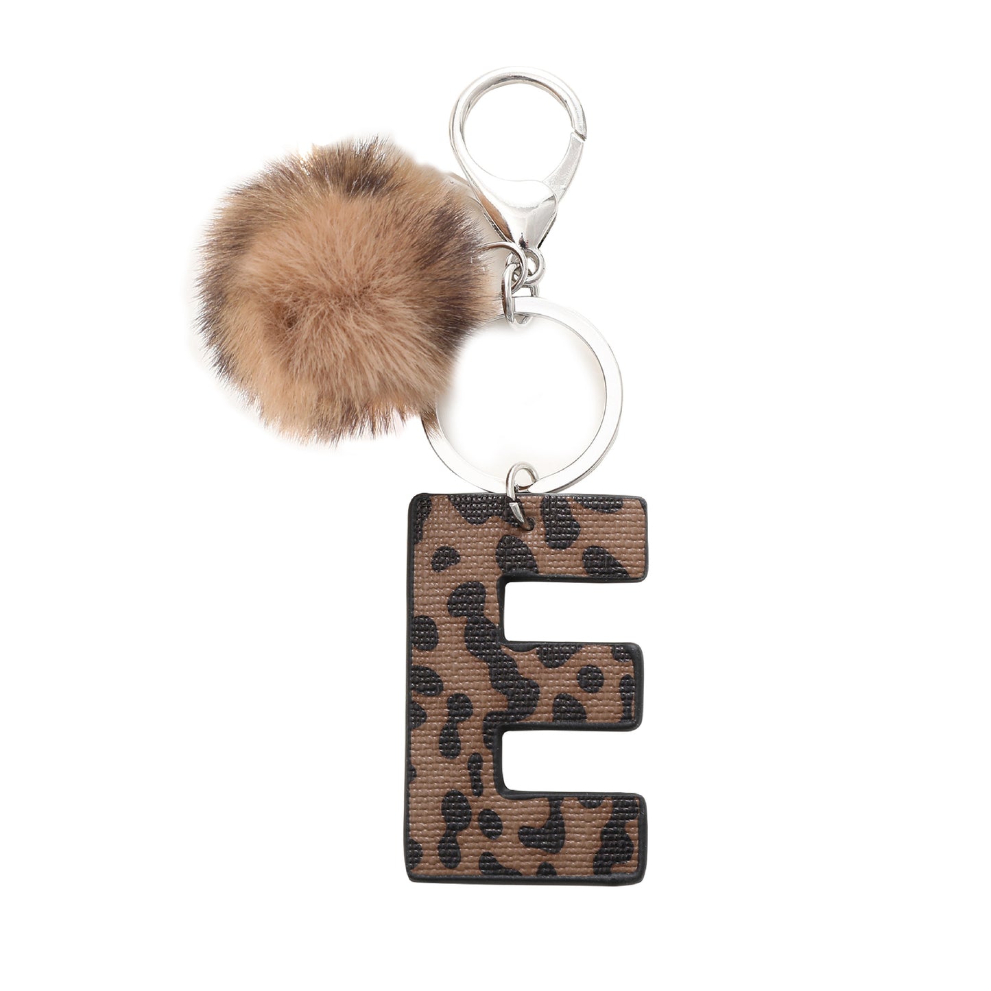 Leopard Print Vegan Leather Letter Keychain with Faux Fur Pom