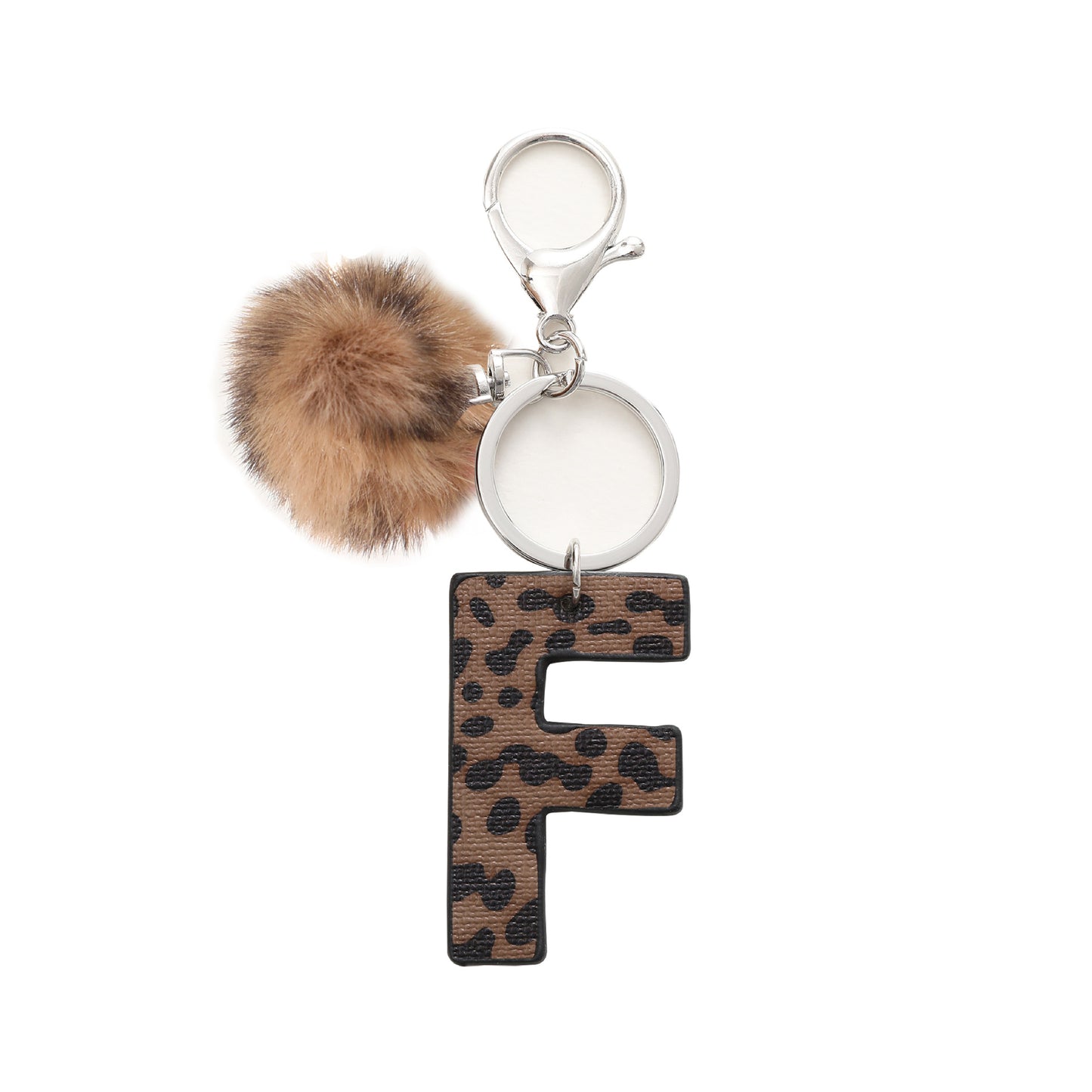 Leopard Print Vegan Leather Letter Keychain with Faux Fur Pom