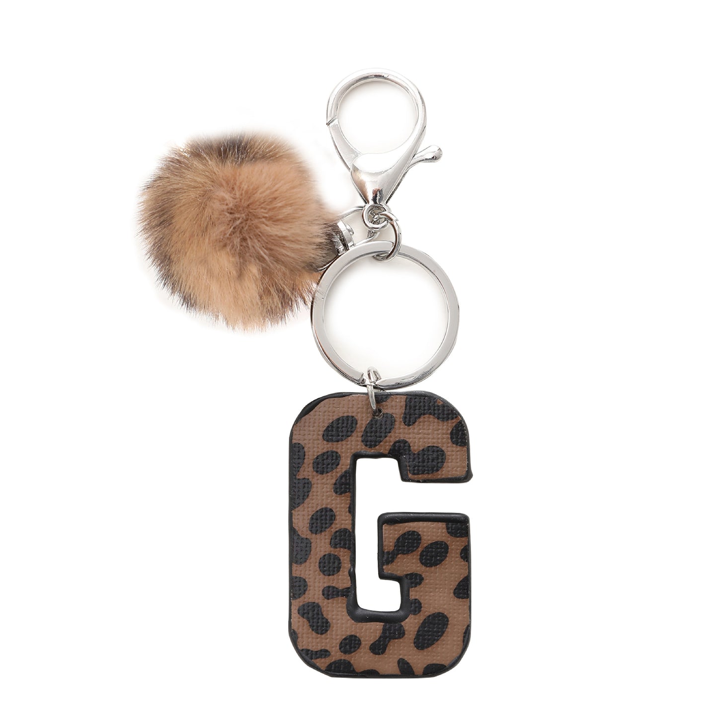 Leopard Print Vegan Leather Letter Keychain with Faux Fur Pom