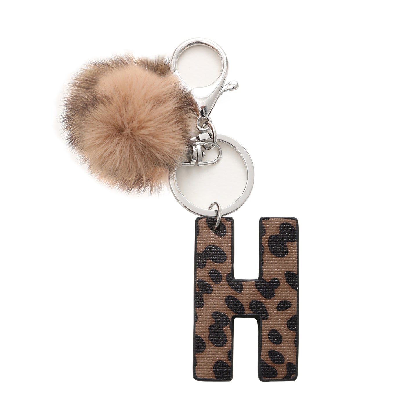 Leopard Print Vegan Leather Letter Keychain with Faux Fur Pom