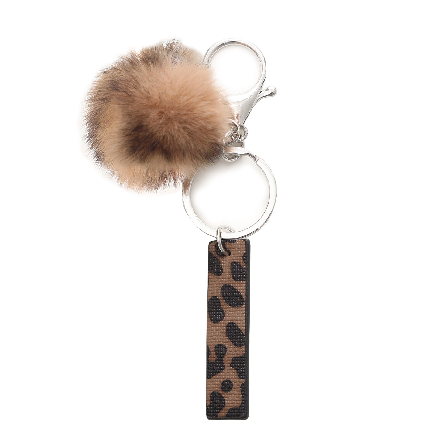 Leopard Print Vegan Leather Letter Keychain with Faux Fur Pom