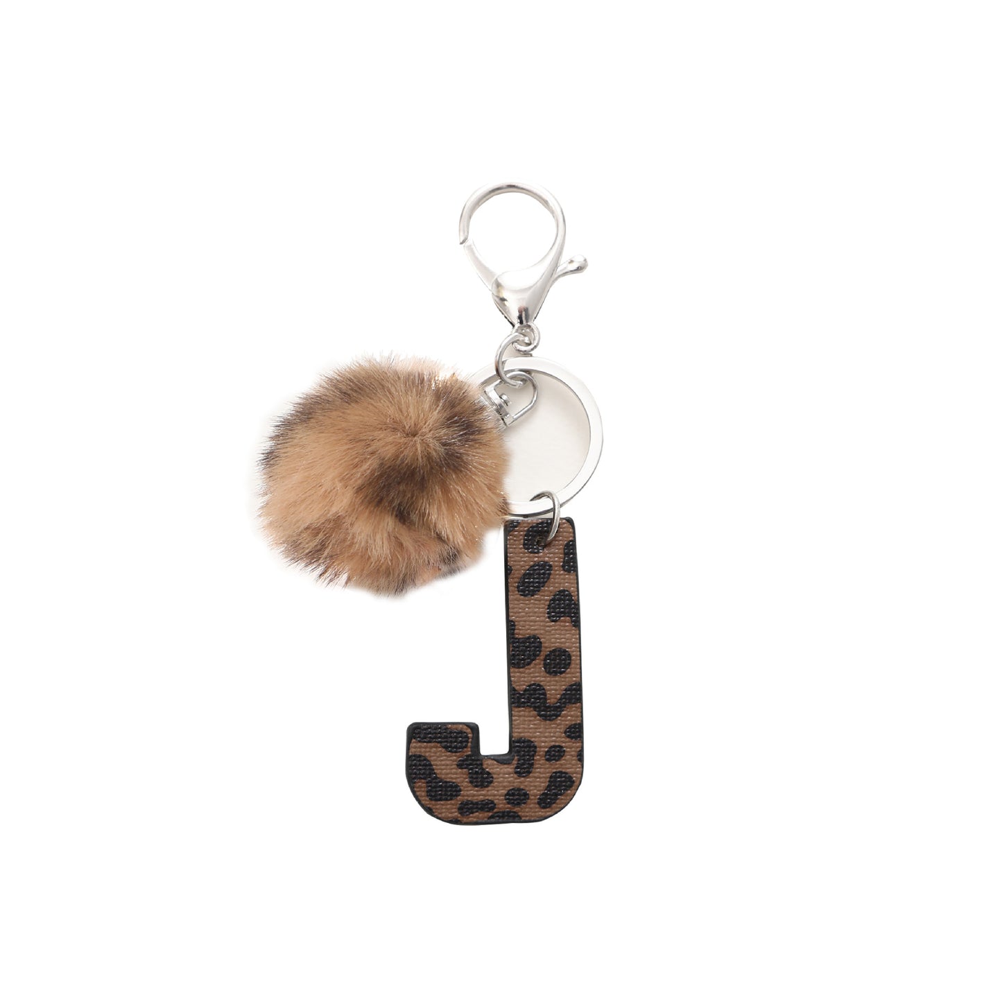 Leopard Print Vegan Leather Letter Keychain with Faux Fur Pom