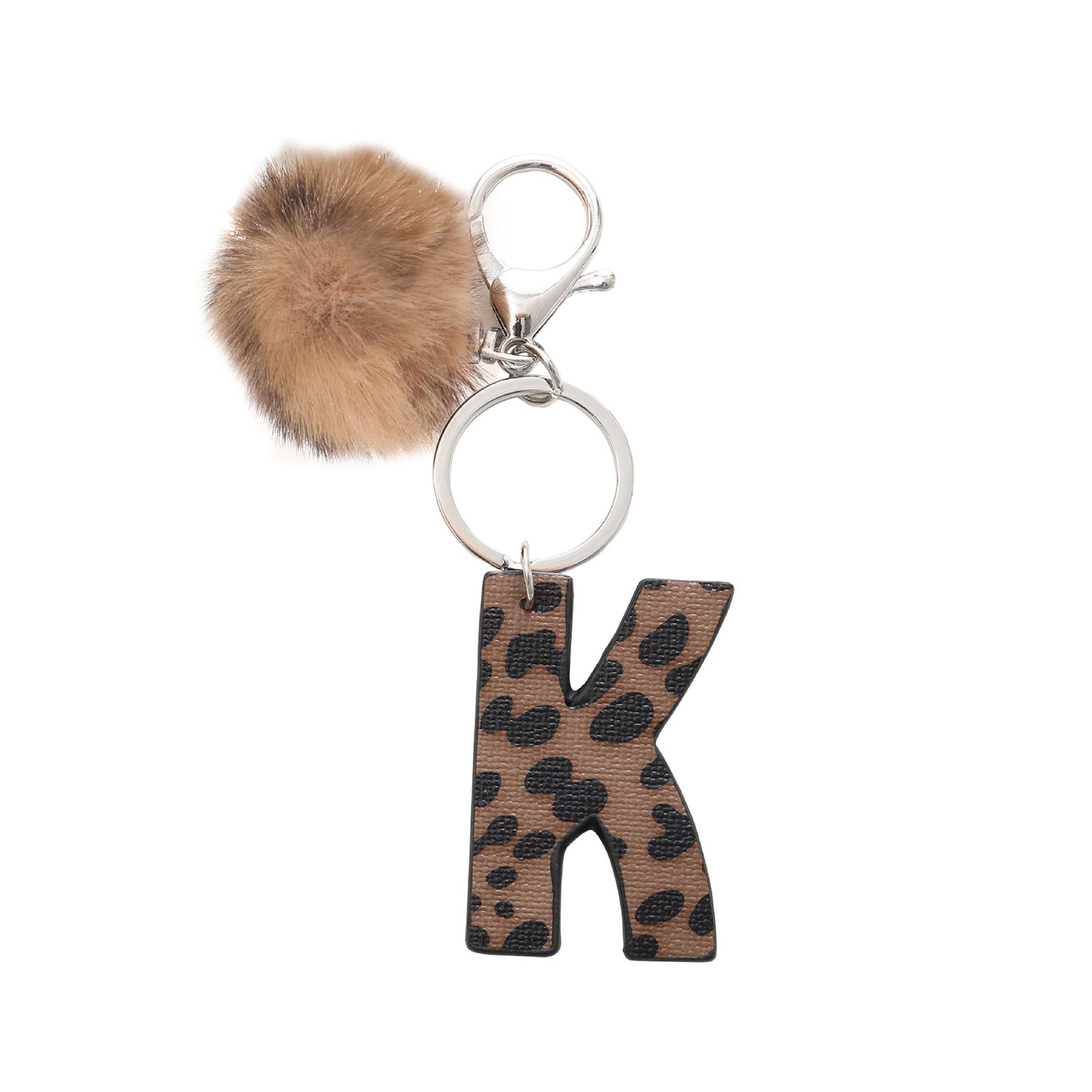 Leopard Print Vegan Leather Letter Keychain with Faux Fur Pom