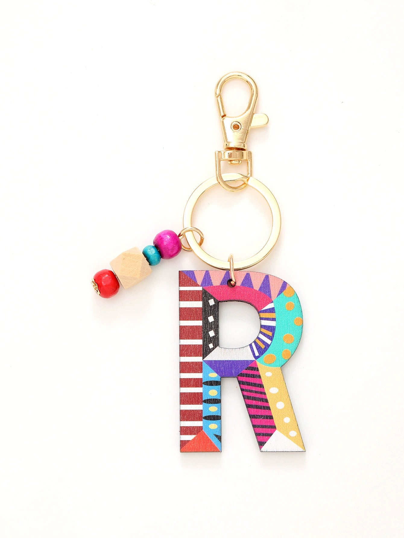 Colorful Wooden Letter Keychain with Beads
