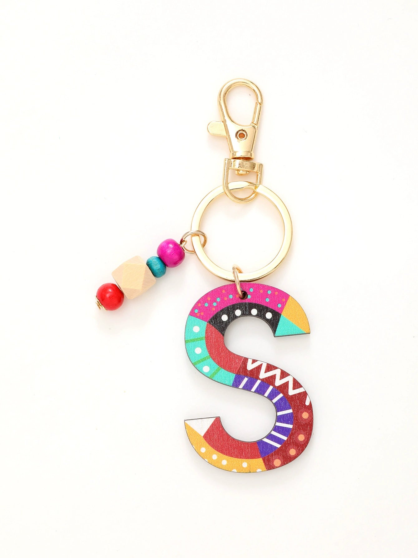 Colorful Wooden Letter Keychain with Beads