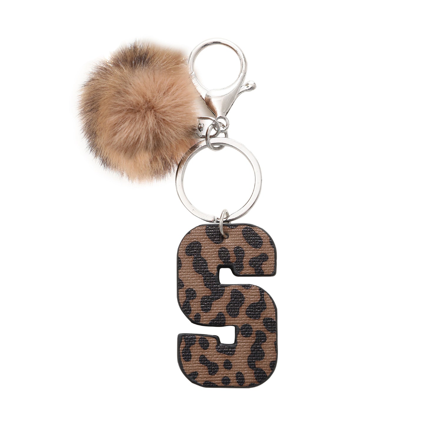 Leopard Print Vegan Leather Letter Keychain with Faux Fur Pom