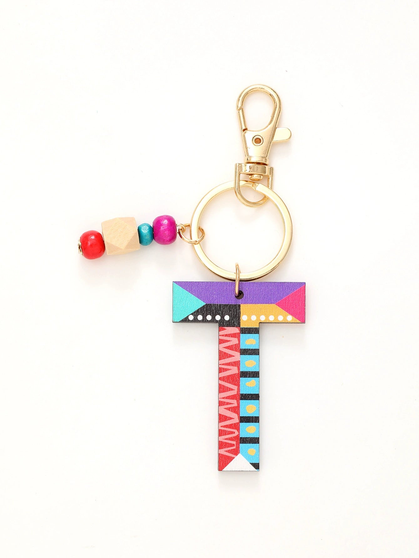 Colorful Wooden Letter Keychain with Beads
