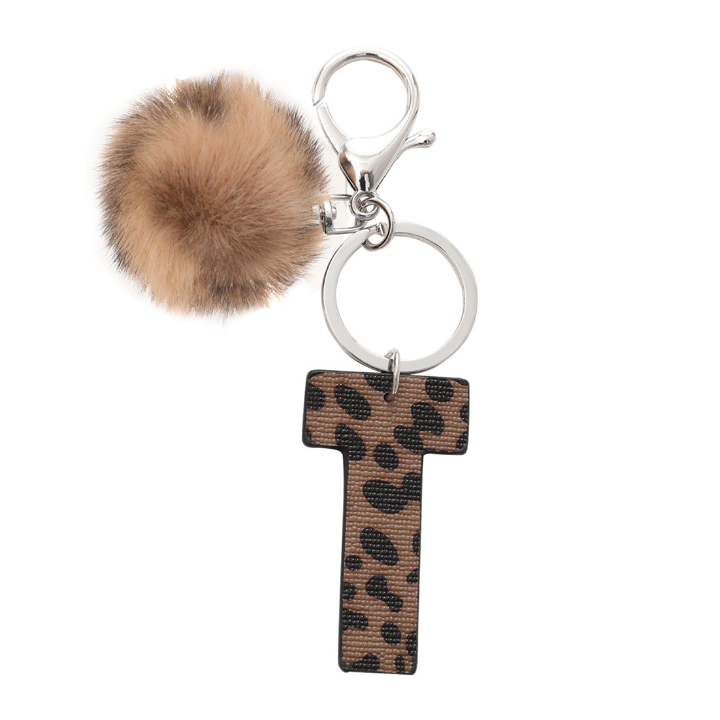Leopard Print Vegan Leather Letter Keychain with Faux Fur Pom