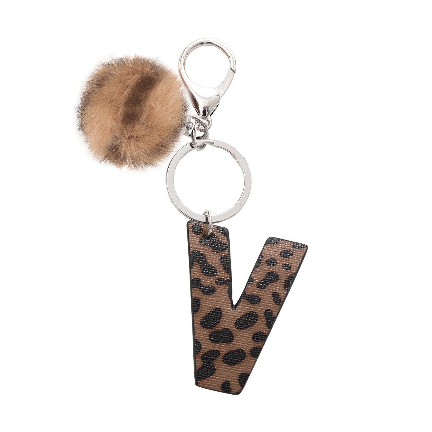 Leopard Print Vegan Leather Letter Keychain with Faux Fur Pom