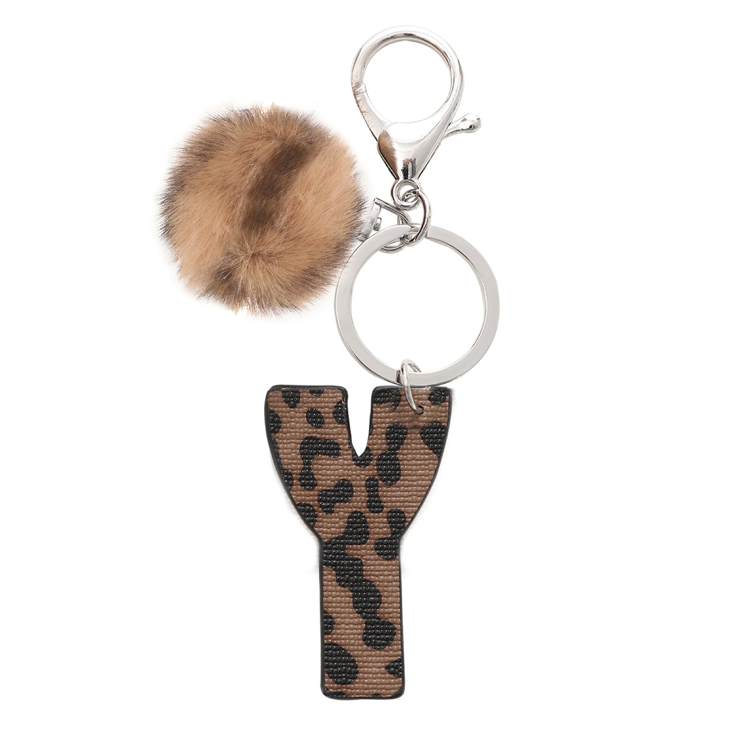 Leopard Print Vegan Leather Letter Keychain with Faux Fur Pom