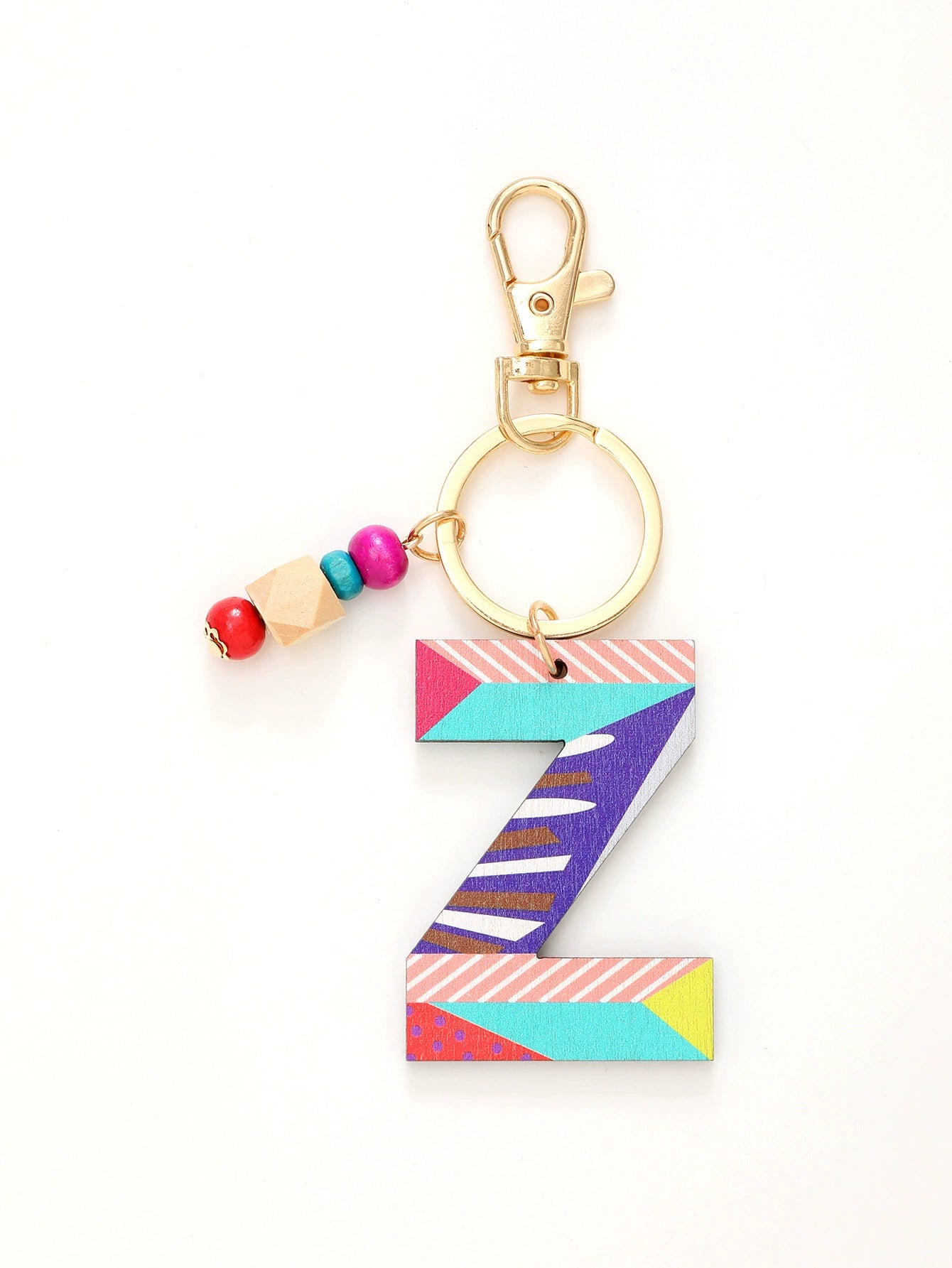 Colorful Wooden Letter Keychain with Beads