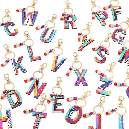 Colorful Wooden Letter Keychain with Beads