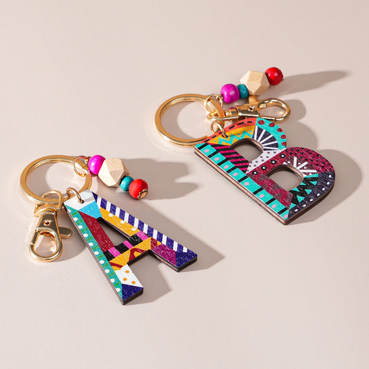 Colorful Wooden Letter Keychain with Beads