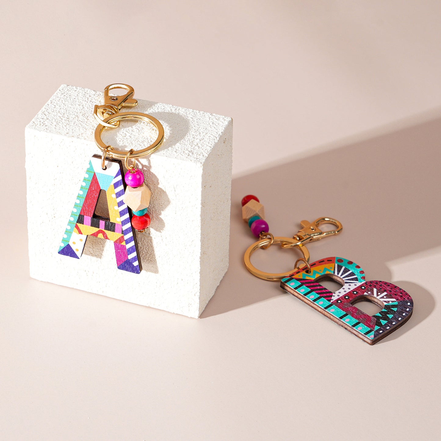 Colorful Wooden Letter Keychain with Beads