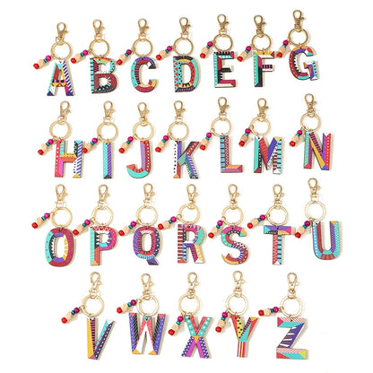 Colorful Wooden Letter Keychain with Beads