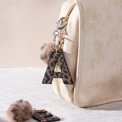 Leopard Print Vegan Leather Letter Keychain with Faux Fur Pom