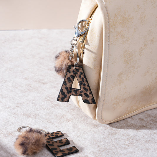 Leopard Print Vegan Leather Letter Keychain with Faux Fur Pom