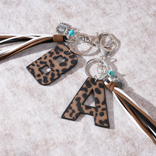 Leopard Vegan Letter Keychain with Faux Suede Tassel