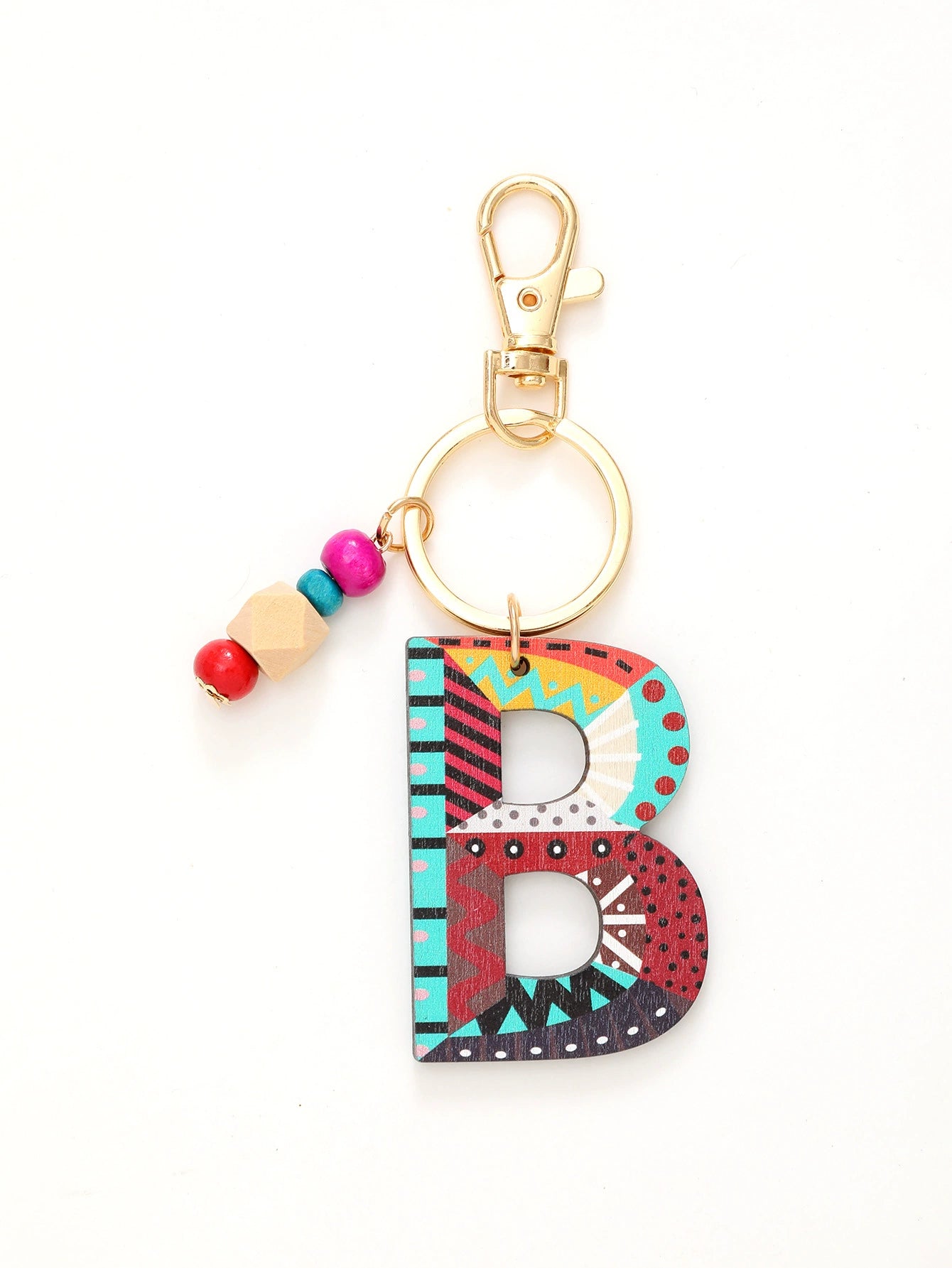 Colorful Wooden Letter Keychain with Beads
