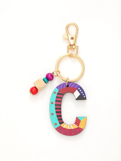 Colorful Wooden Letter Keychain with Beads