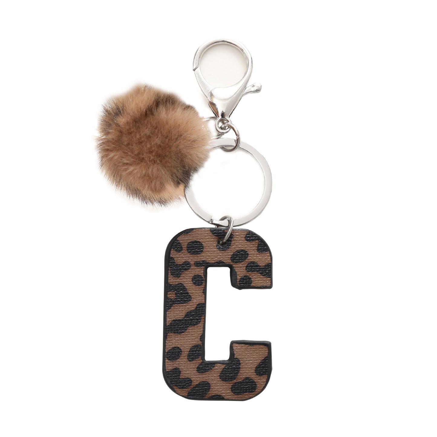 Leopard Print Vegan Leather Letter Keychain with Faux Fur Pom