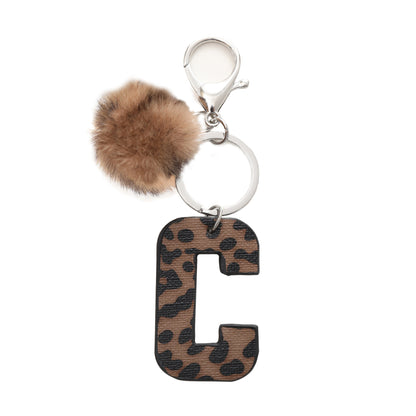 Leopard Print Vegan Leather Letter Keychain with Faux Fur Pom