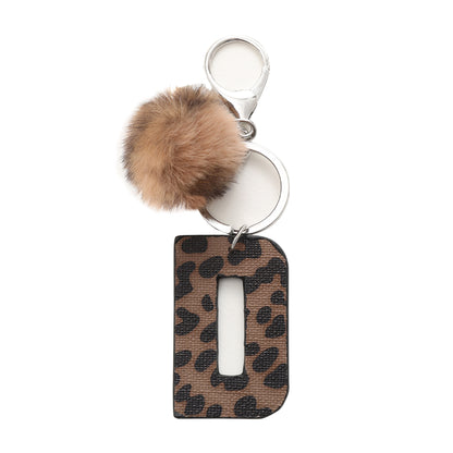 Leopard Print Vegan Leather Letter Keychain with Faux Fur Pom