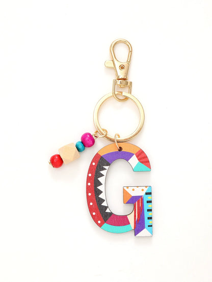 Colorful Wooden Letter Keychain with Beads