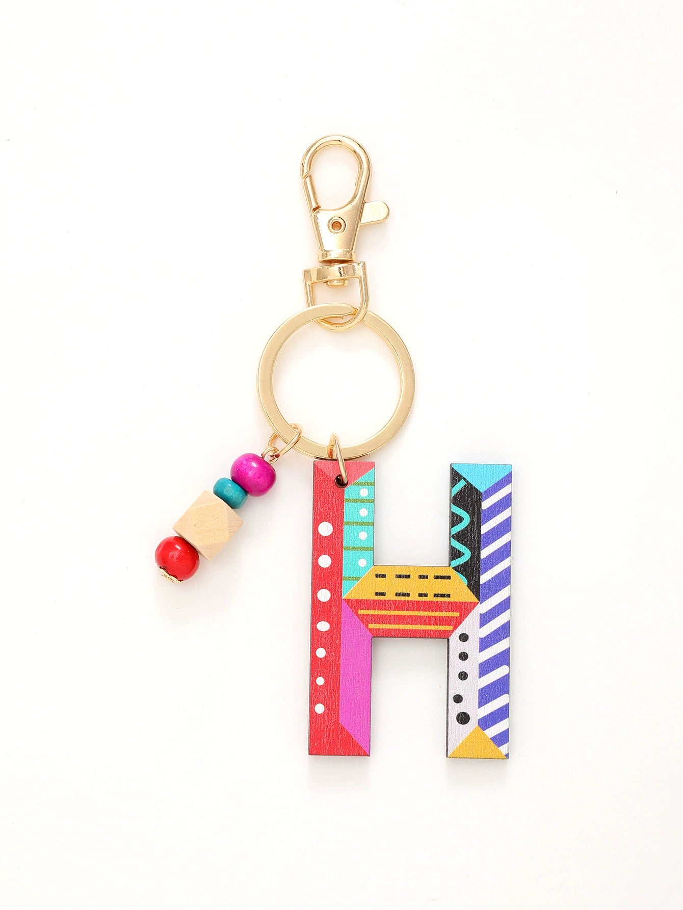 Colorful Wooden Letter Keychain with Beads