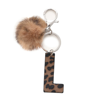 Leopard Print Vegan Leather Letter Keychain with Faux Fur Pom