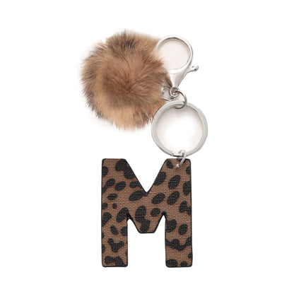 Leopard Print Vegan Leather Letter Keychain with Faux Fur Pom