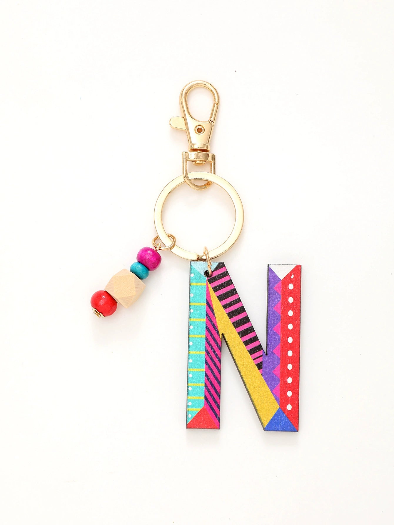 Colorful Wooden Letter Keychain with Beads