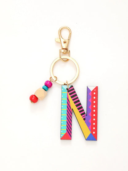 Colorful Wooden Letter Keychain with Beads