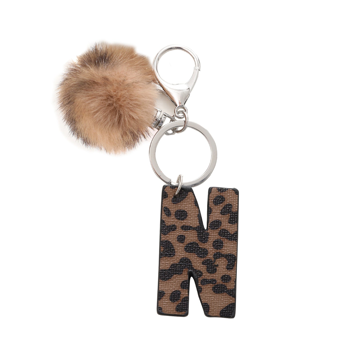 Leopard Print Vegan Leather Letter Keychain with Faux Fur Pom