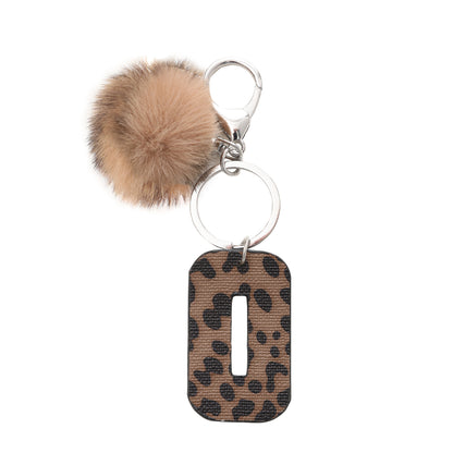 Leopard Print Vegan Leather Letter Keychain with Faux Fur Pom