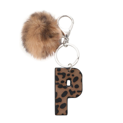 Leopard Print Vegan Leather Letter Keychain with Faux Fur Pom