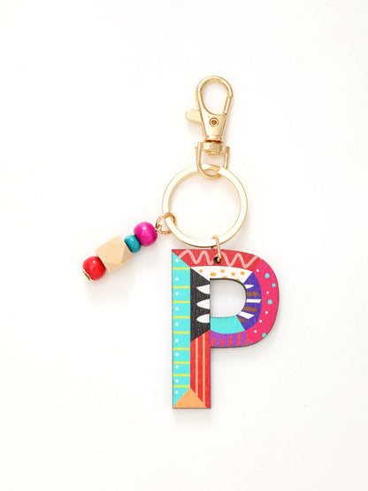 Colorful Wooden Letter Keychain with Beads