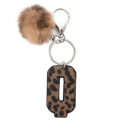 Leopard Print Vegan Leather Letter Keychain with Faux Fur Pom