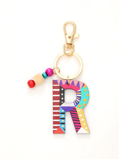 Colorful Wooden Letter Keychain with Beads