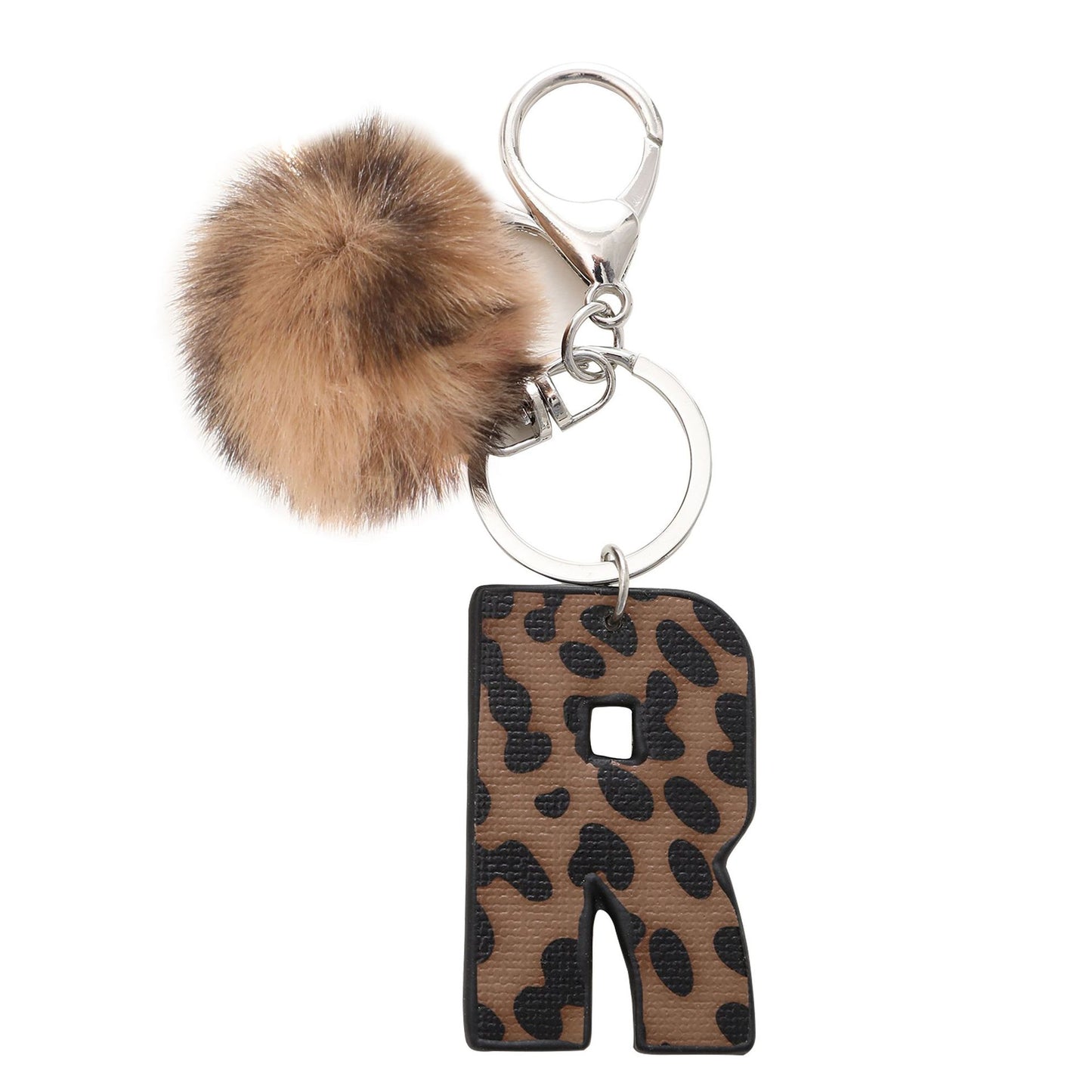 Leopard Print Vegan Leather Letter Keychain with Faux Fur Pom