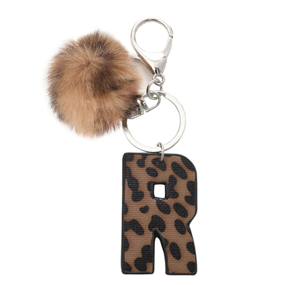 Leopard Print Vegan Leather Letter Keychain with Faux Fur Pom