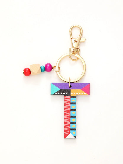 Colorful Wooden Letter Keychain with Beads
